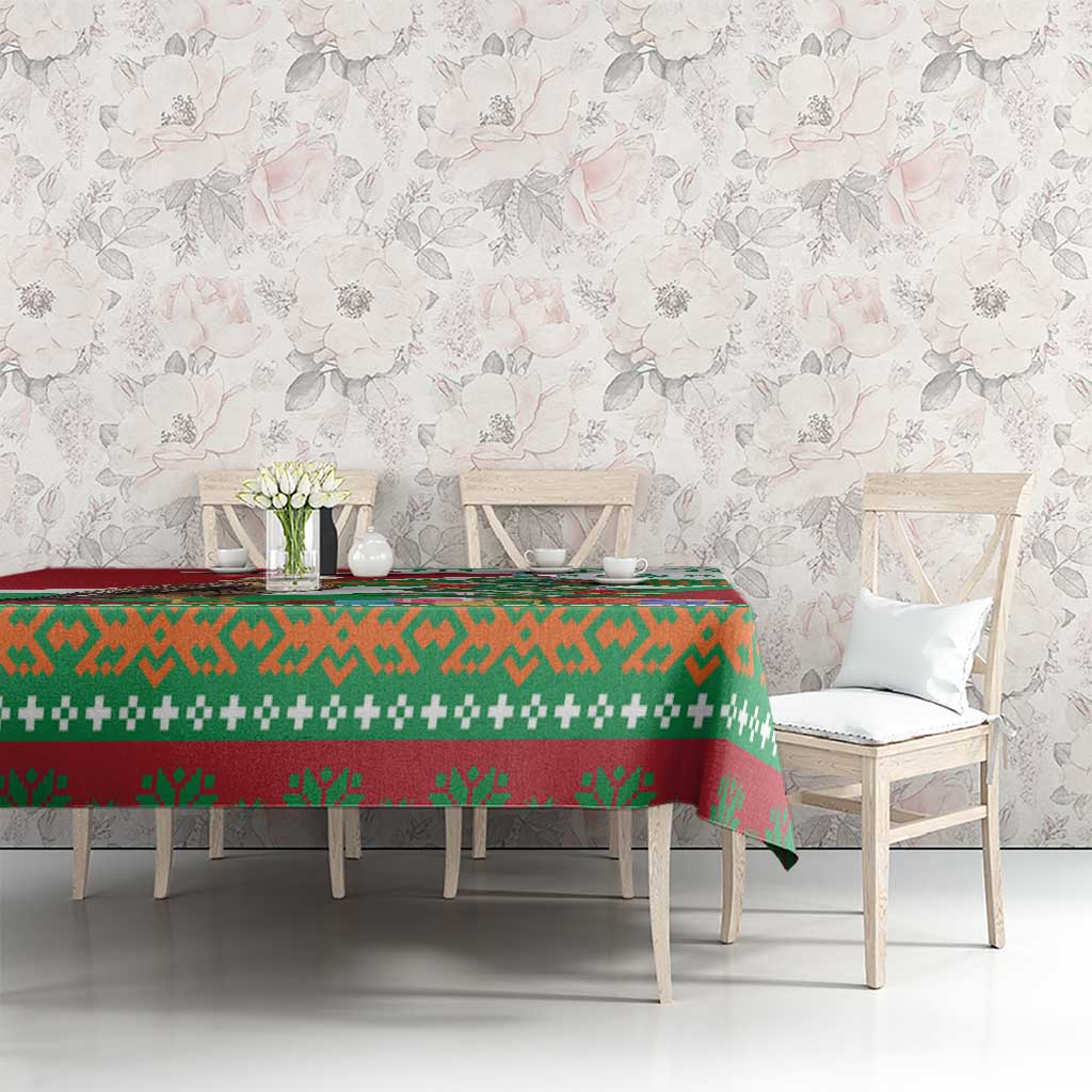 Lebanon Christmas Tablecloth with Falcon, Holiday Tree, and Red Green Snowflake Pattern - Wonder Print Shop