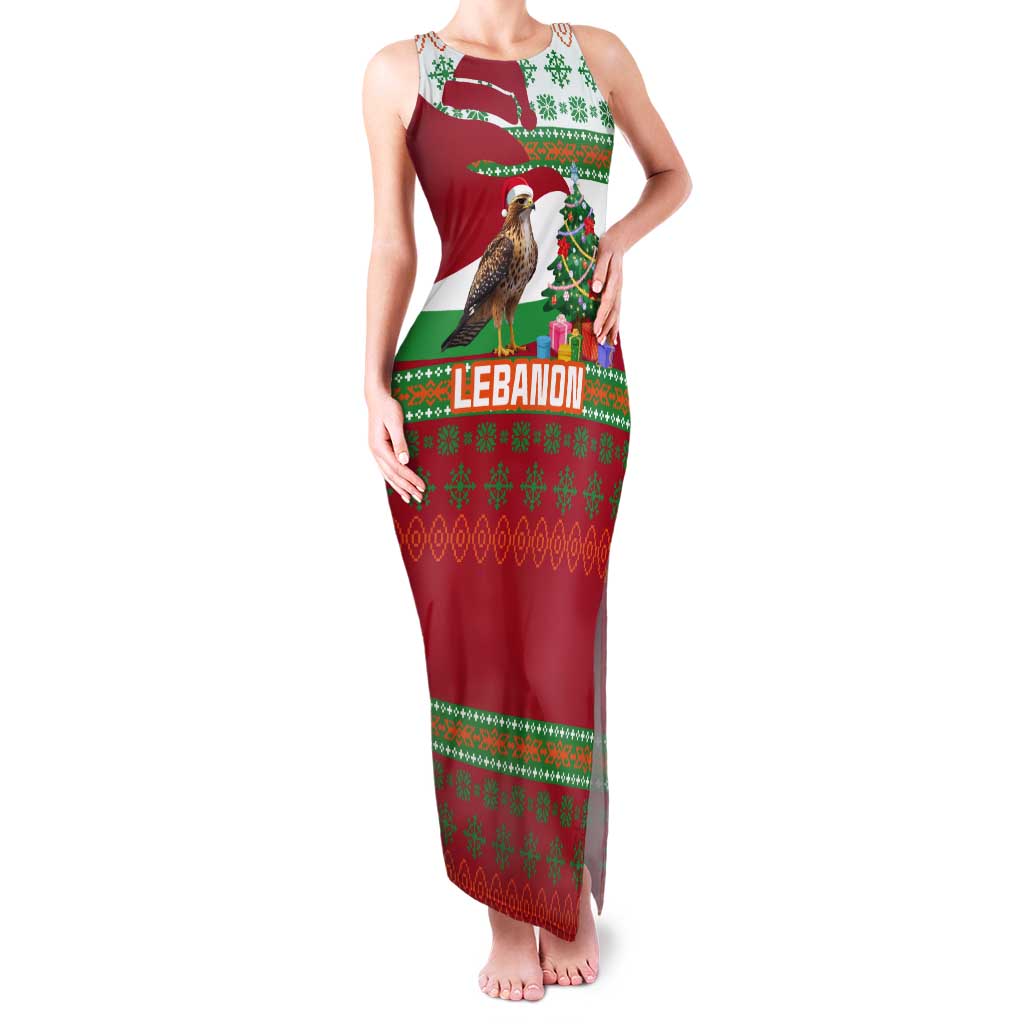 Lebanon Christmas Tank Maxi Dress with Falcon, Holiday Tree, and Red Green Snowflake Pattern - Wonder Print Shop