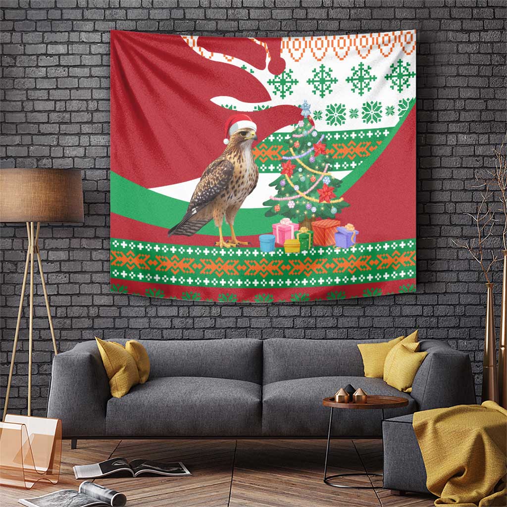 Lebanon Christmas Tapestry with Falcon, Holiday Tree, and Red Green Snowflake Pattern - Wonder Print Shop