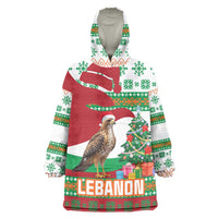 Lebanon Christmas Wearable Blanket Hoodie with Falcon, Holiday Tree, and Red Green Snowflake Pattern - Wonder Print Shop