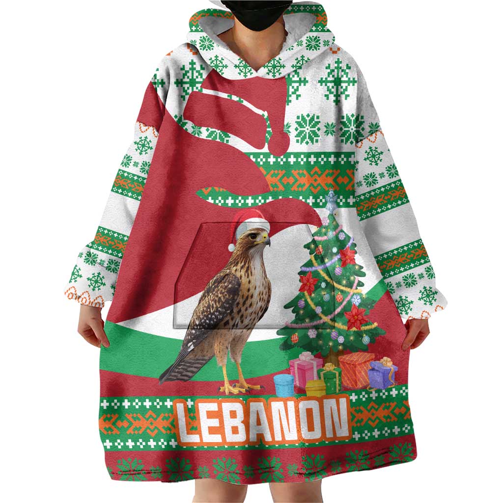 Lebanon Christmas Wearable Blanket Hoodie with Falcon, Holiday Tree, and Red Green Snowflake Pattern - Wonder Print Shop