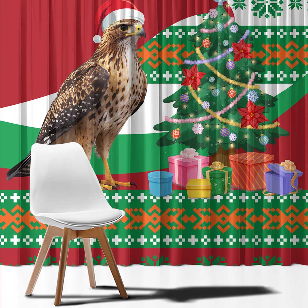 Lebanon Christmas Window Curtain with Falcon, Holiday Tree, and Red Green Snowflake Pattern - Wonder Print Shop