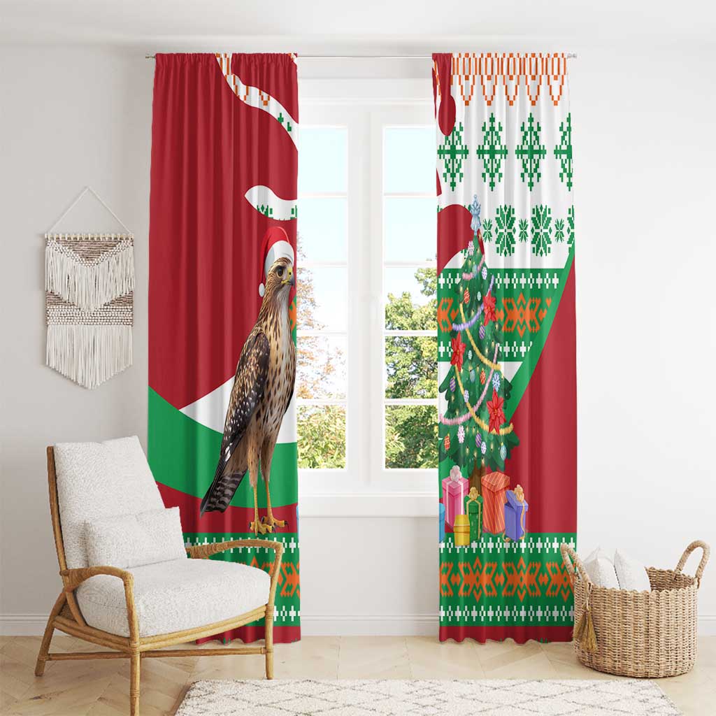 Lebanon Christmas Window Curtain with Falcon, Holiday Tree, and Red Green Snowflake Pattern - Wonder Print Shop