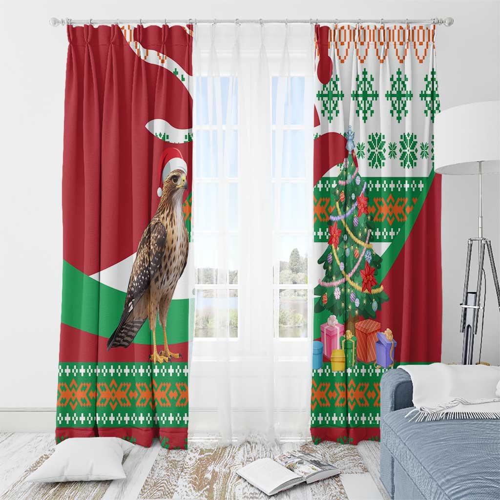 Lebanon Christmas Window Curtain with Falcon, Holiday Tree, and Red Green Snowflake Pattern - Wonder Print Shop
