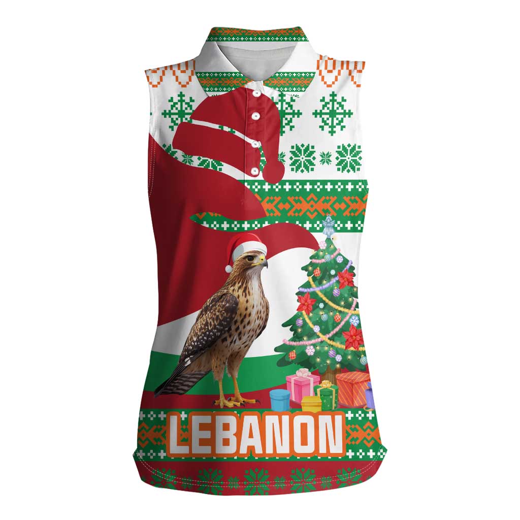 Lebanon Christmas Women Sleeveless Polo Shirt with Falcon, Holiday Tree, and Red Green Snowflake Pattern - Wonder Print Shop
