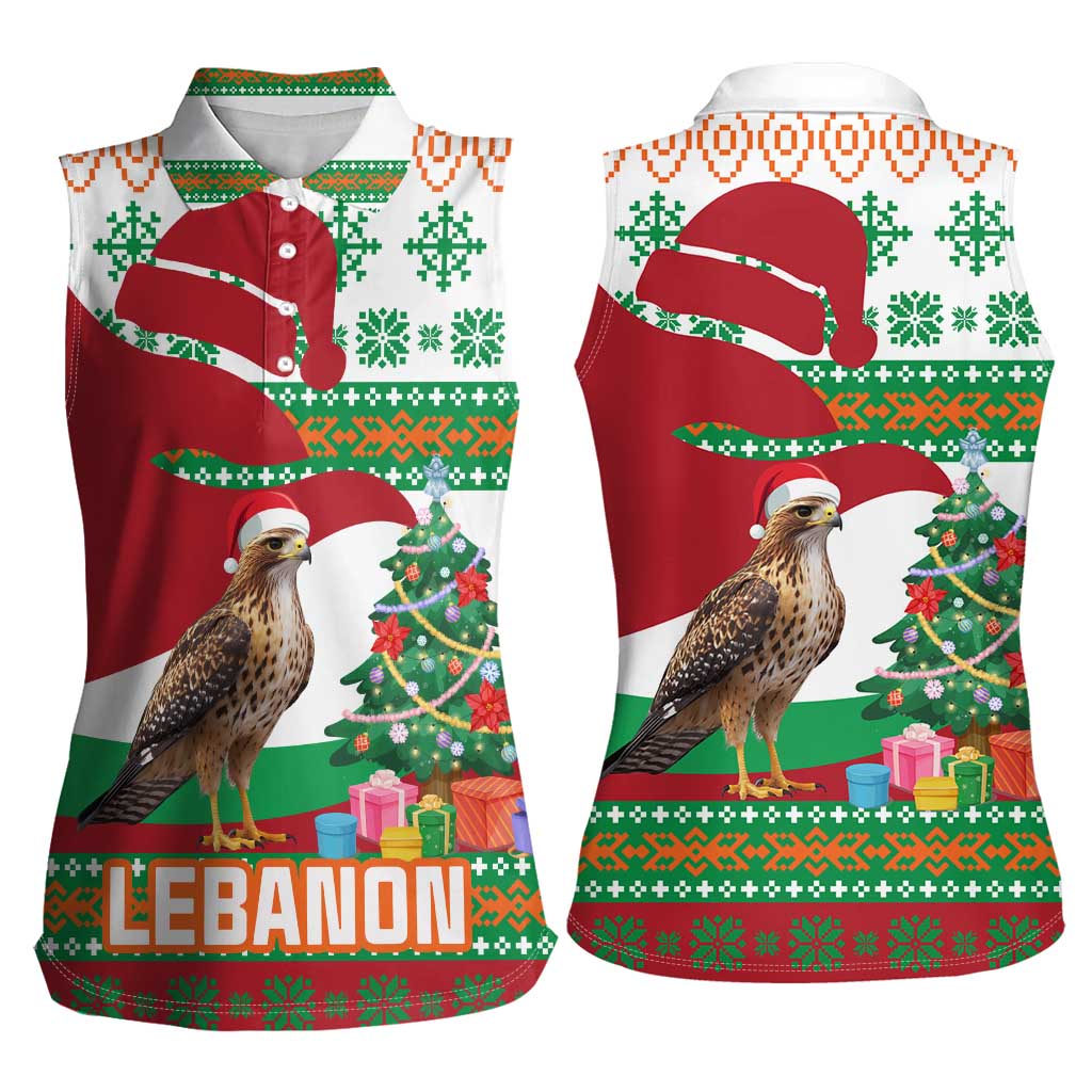 Lebanon Christmas Women Sleeveless Polo Shirt with Falcon, Holiday Tree, and Red Green Snowflake Pattern - Wonder Print Shop
