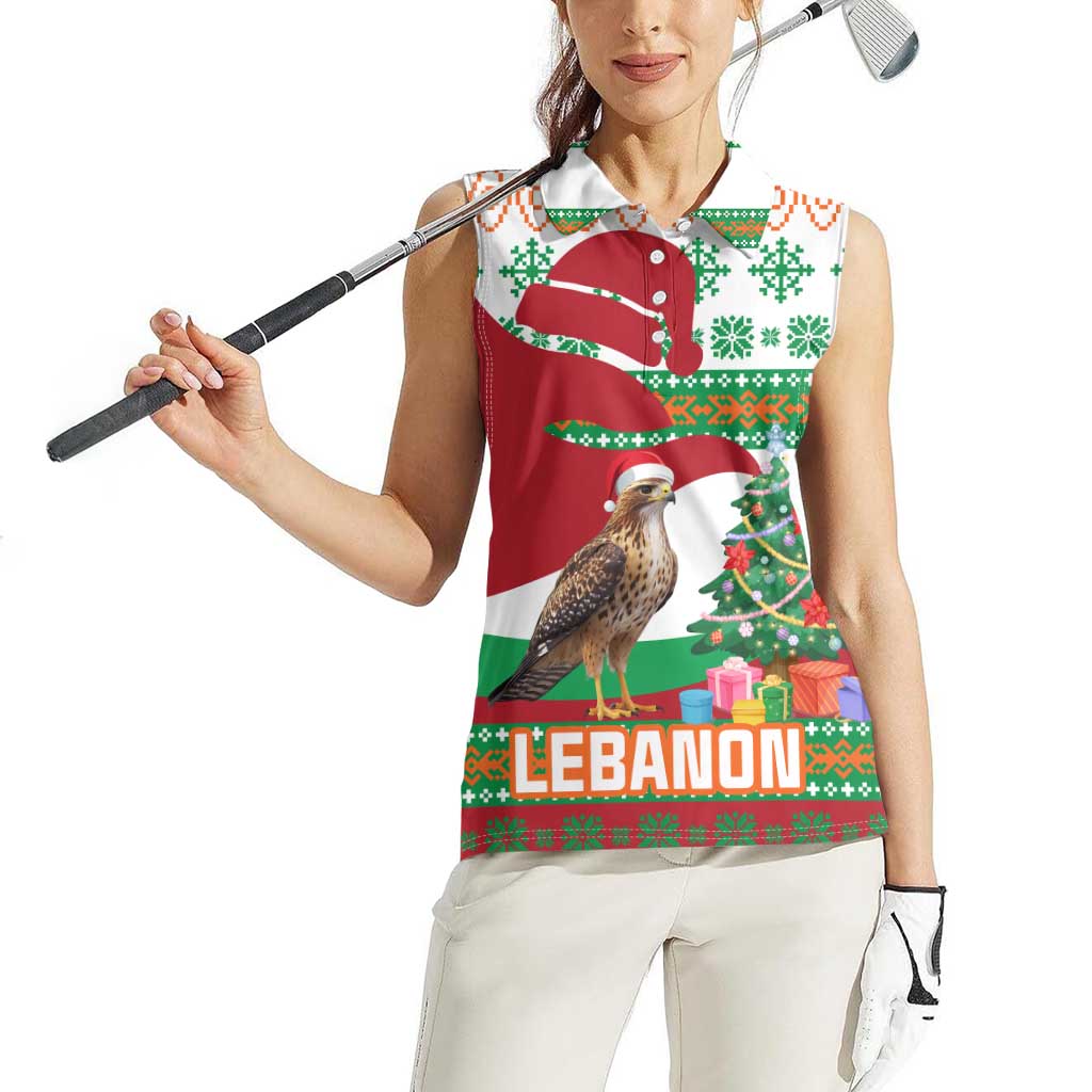 Lebanon Christmas Women Sleeveless Polo Shirt with Falcon, Holiday Tree, and Red Green Snowflake Pattern - Wonder Print Shop