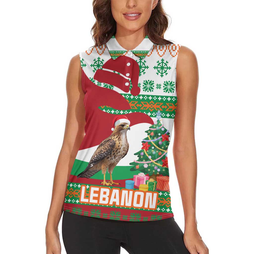 Lebanon Christmas Women Sleeveless Polo Shirt with Falcon, Holiday Tree, and Red Green Snowflake Pattern - Wonder Print Shop