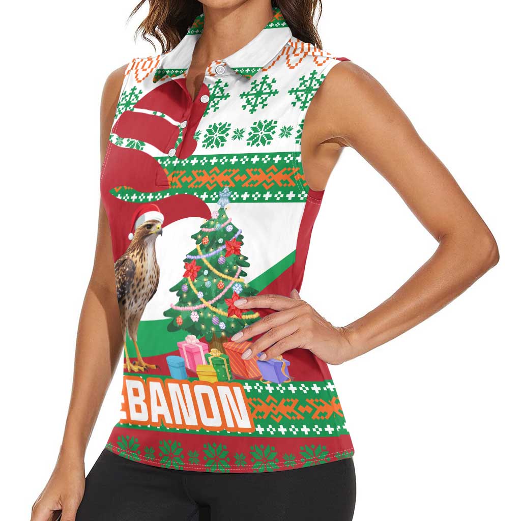 Lebanon Christmas Women Sleeveless Polo Shirt with Falcon, Holiday Tree, and Red Green Snowflake Pattern - Wonder Print Shop
