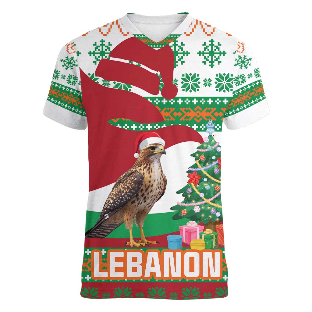 Lebanon Christmas Women V-Neck T-Shirt with Falcon, Holiday Tree, and Red Green Snowflake Pattern - Wonder Print Shop