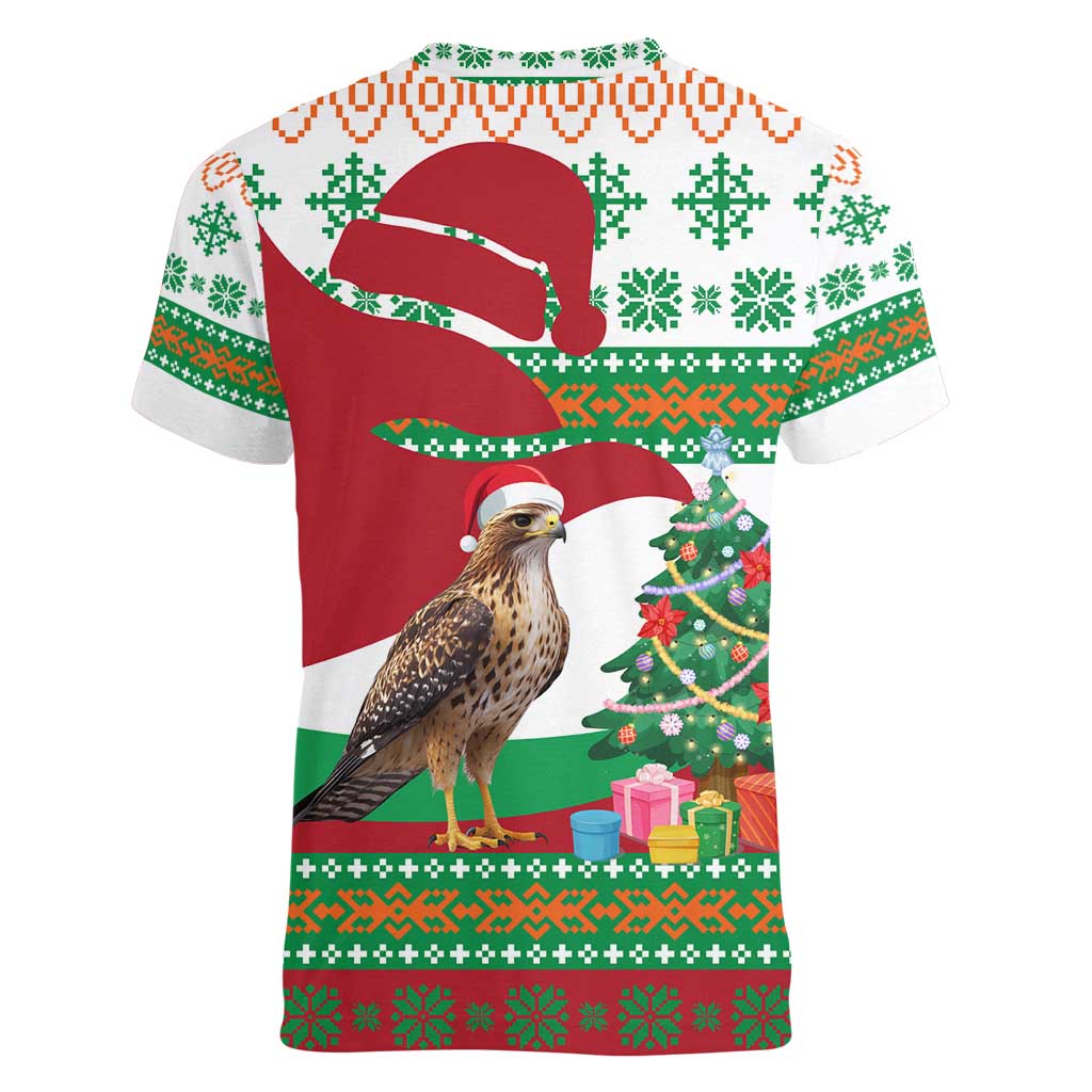 Lebanon Christmas Women V-Neck T-Shirt with Falcon, Holiday Tree, and Red Green Snowflake Pattern - Wonder Print Shop