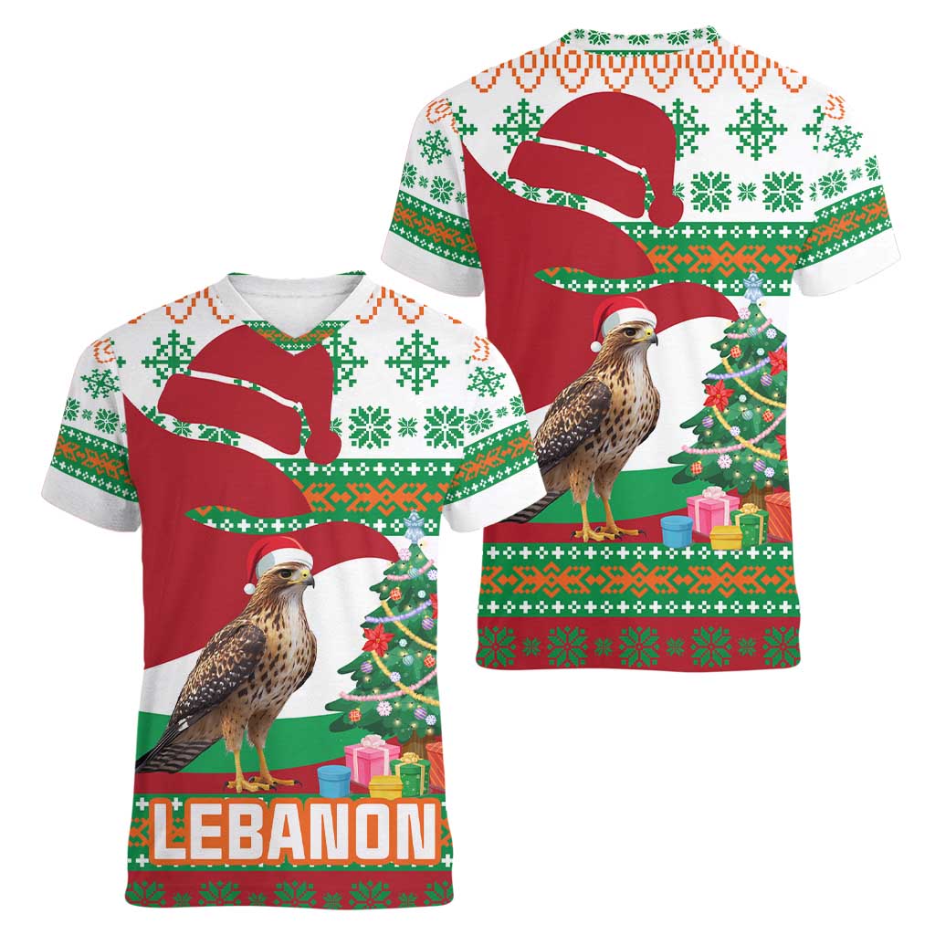 Lebanon Christmas Women V-Neck T-Shirt with Falcon, Holiday Tree, and Red Green Snowflake Pattern - Wonder Print Shop