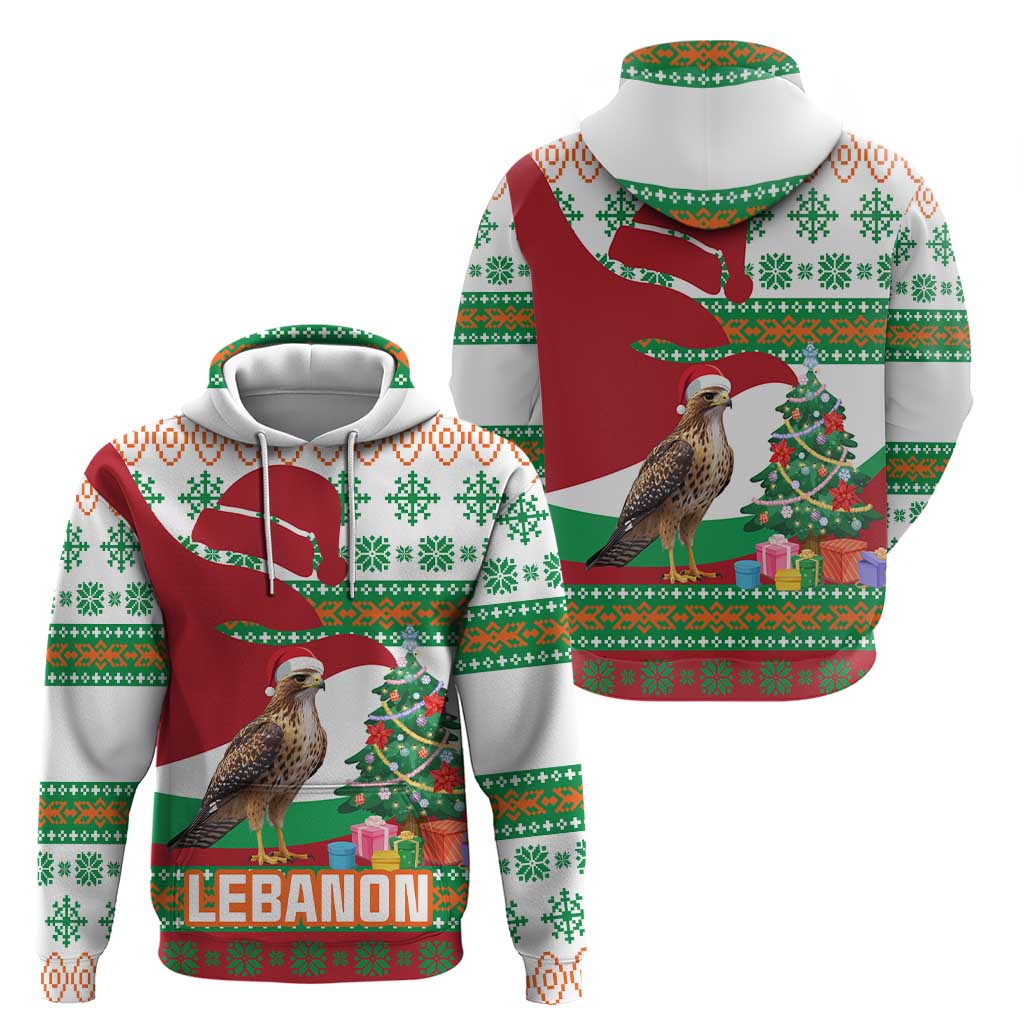 Lebanon Christmas Zip Hoodie with Falcon, Holiday Tree, and Red Green Snowflake Pattern - Wonder Print Shop
