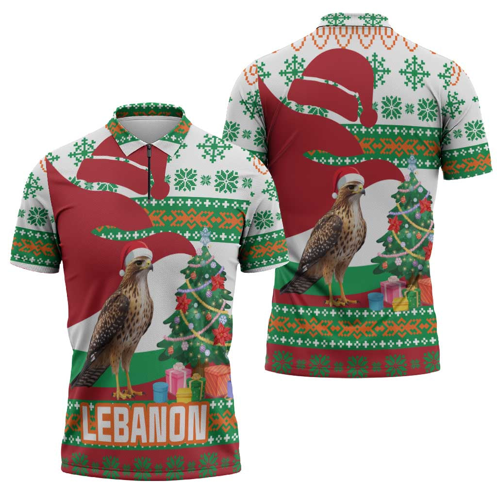 Lebanon Christmas Zipper Polo Shirt with Falcon, Holiday Tree, and Red Green Snowflake Pattern - Wonder Print Shop