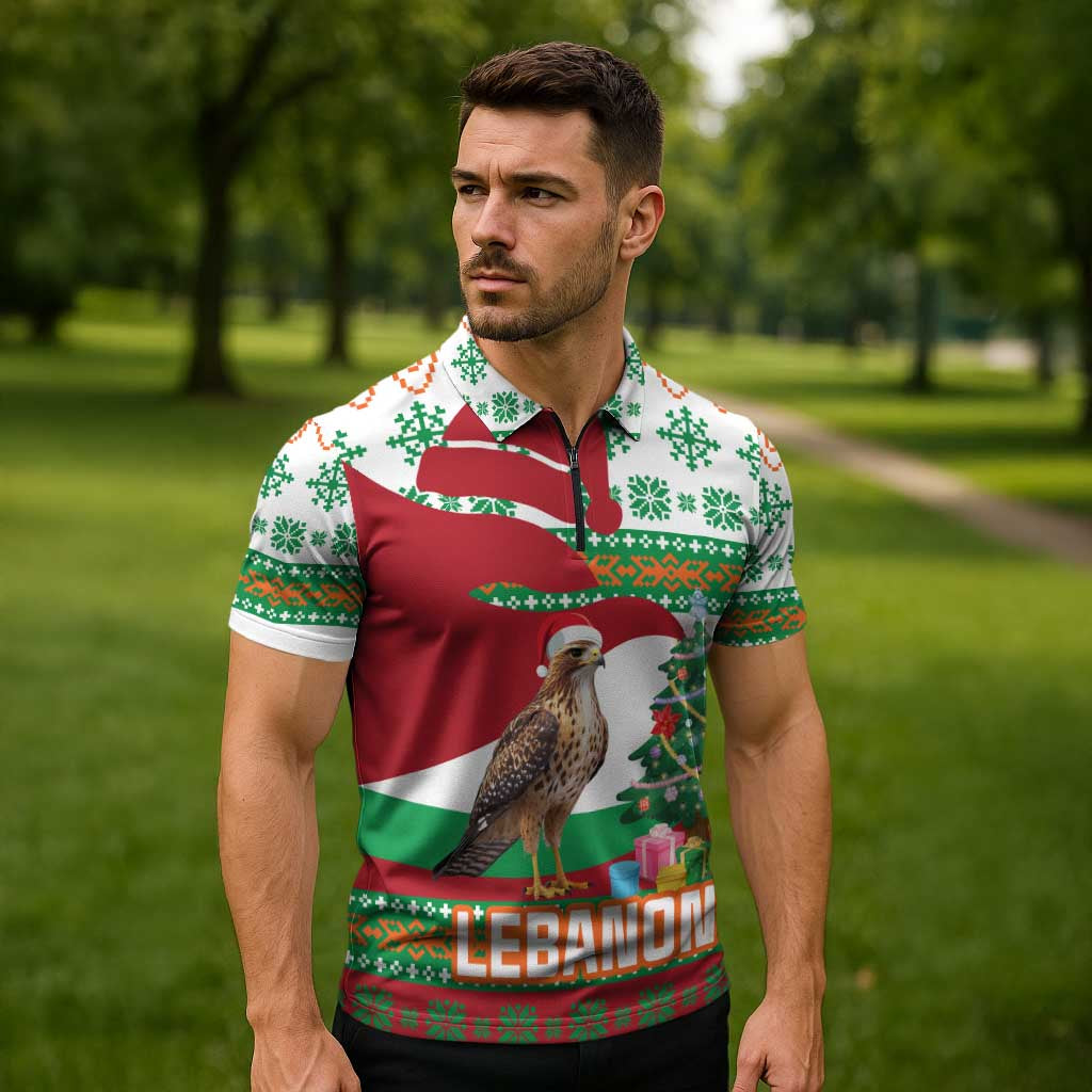 Lebanon Christmas Zipper Polo Shirt with Falcon, Holiday Tree, and Red Green Snowflake Pattern - Wonder Print Shop