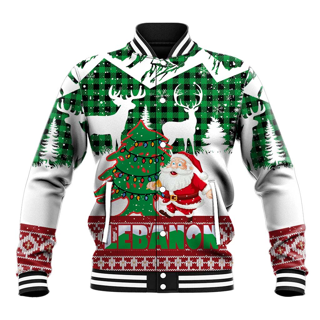 Lebanon Christmas Baseball Jacket with Santa Claus Reindeer Trees and Festive Knit Pattern - Wonder Print Shop