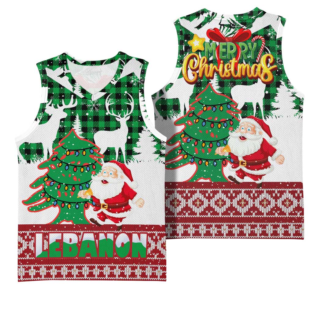 Lebanon Christmas Basketball Jersey with Santa Claus Reindeer Trees and Festive Knit Pattern - Wonder Print Shop