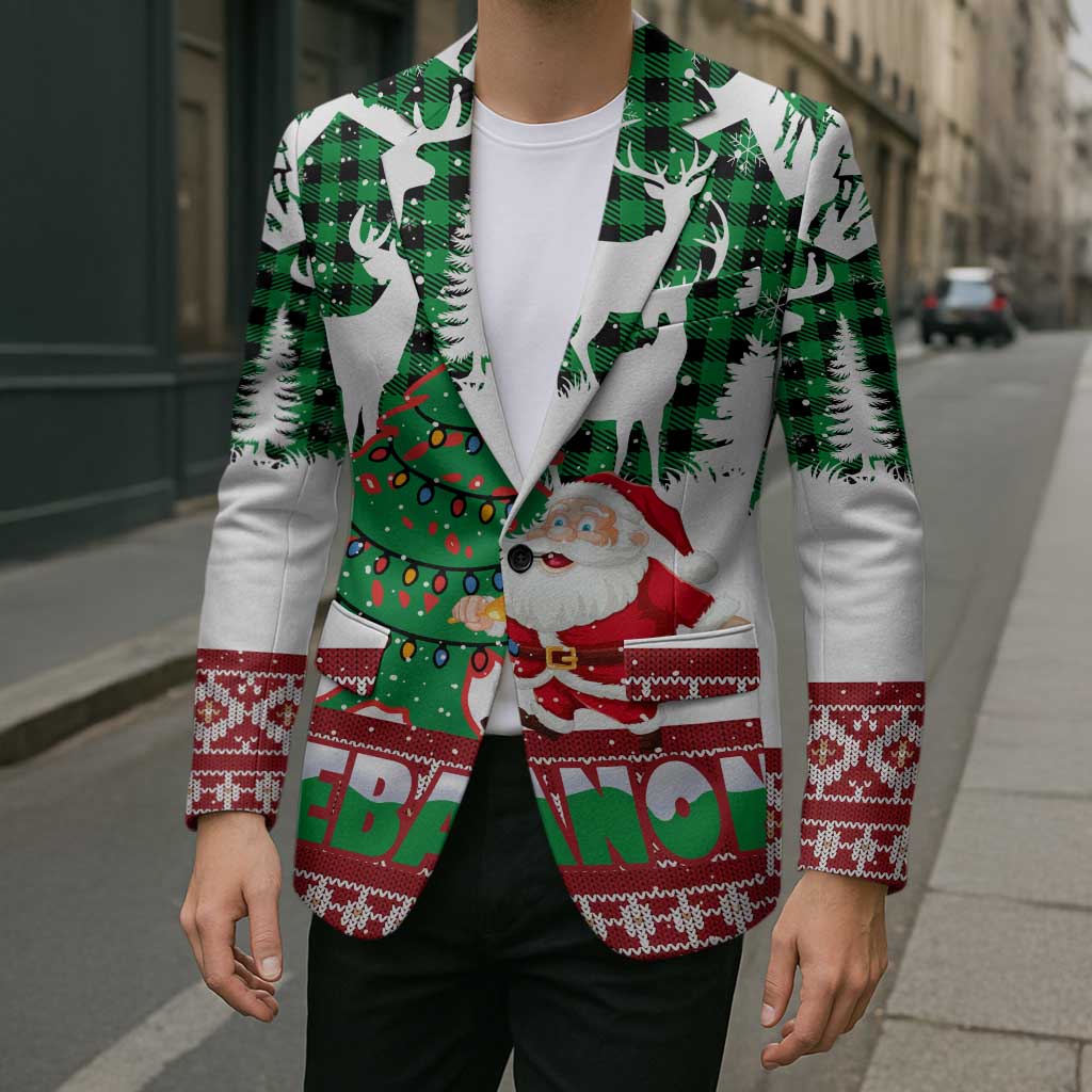 Lebanon Christmas Blazer with Santa Claus Reindeer Trees and Festive Knit Pattern - Wonder Print Shop