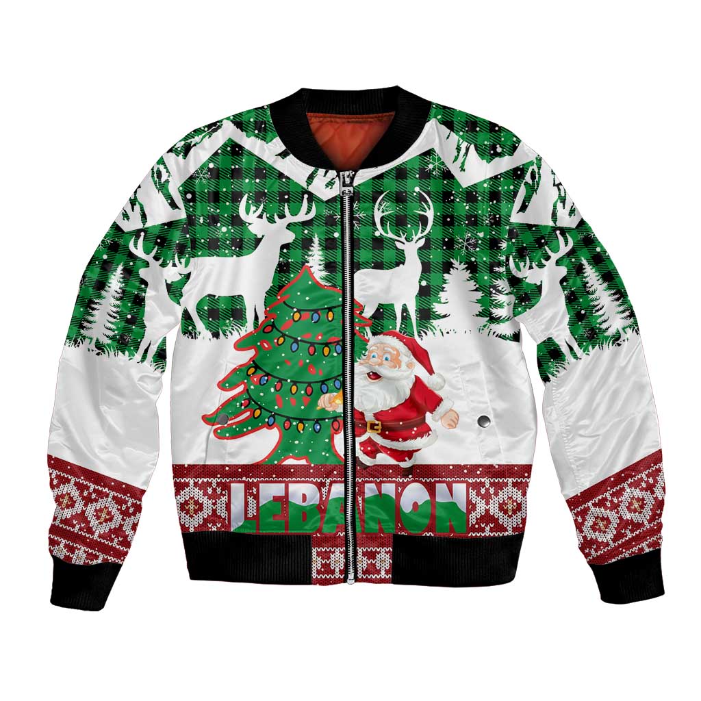 Lebanon Christmas Bomber Jacket with Santa Claus Reindeer Trees and Festive Knit Pattern - Wonder Print Shop