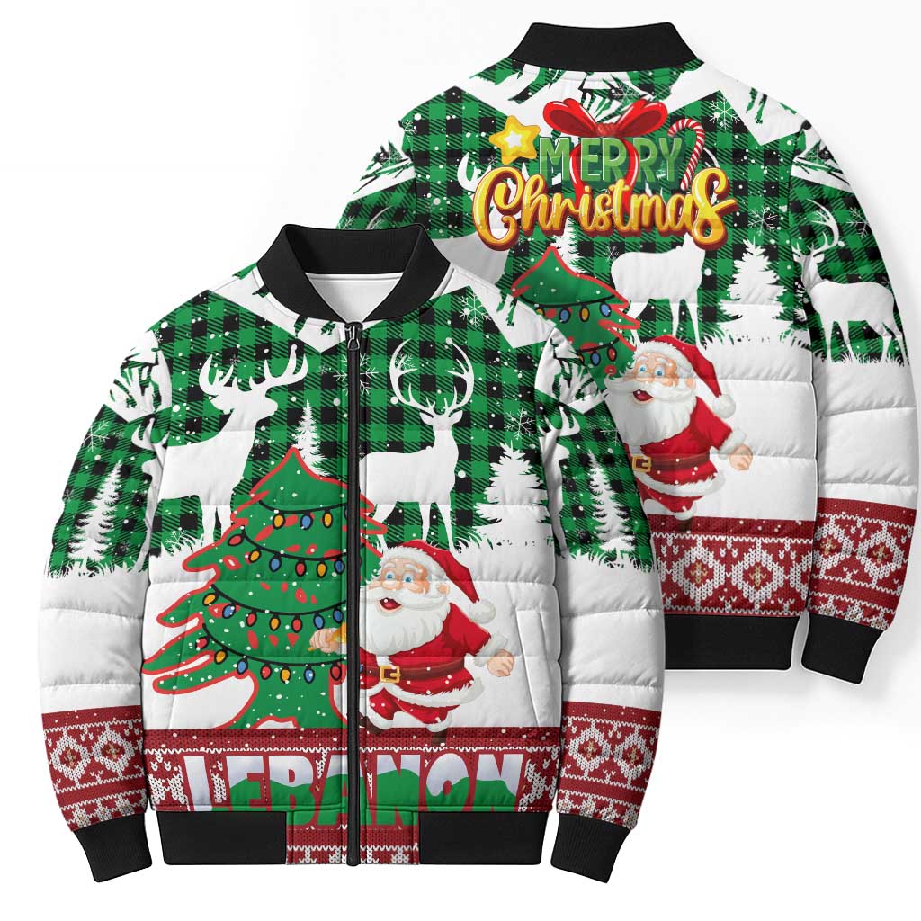 Lebanon Christmas Bomber Puffer Jacket with Santa Claus Reindeer Trees and Festive Knit Pattern - Wonder Print Shop