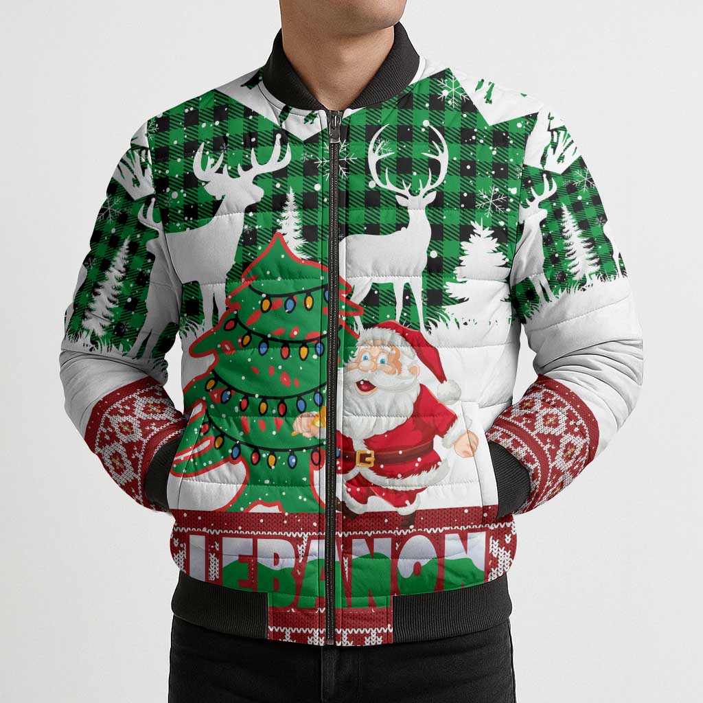 Lebanon Christmas Bomber Puffer Jacket with Santa Claus Reindeer Trees and Festive Knit Pattern - Wonder Print Shop