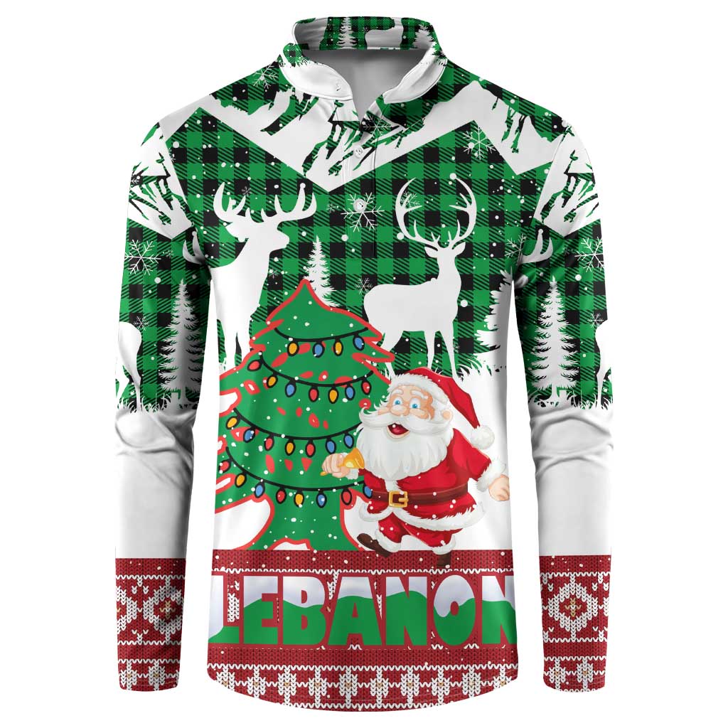Lebanon Christmas Button Sweatshirt with Santa Claus Reindeer Trees and Festive Knit Pattern - Wonder Print Shop