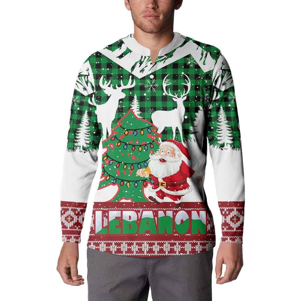 Lebanon Christmas Button Sweatshirt with Santa Claus Reindeer Trees and Festive Knit Pattern - Wonder Print Shop