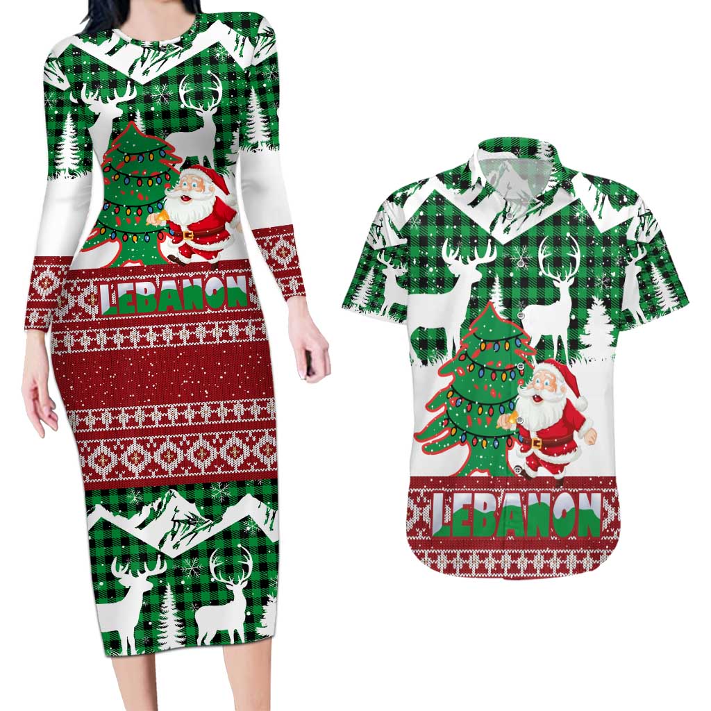 Lebanon Christmas Couples Matching Long Sleeve Bodycon Dress and Hawaiian Shirt with Santa Claus Reindeer Trees and Festive Knit Pattern - Wonder Print Shop