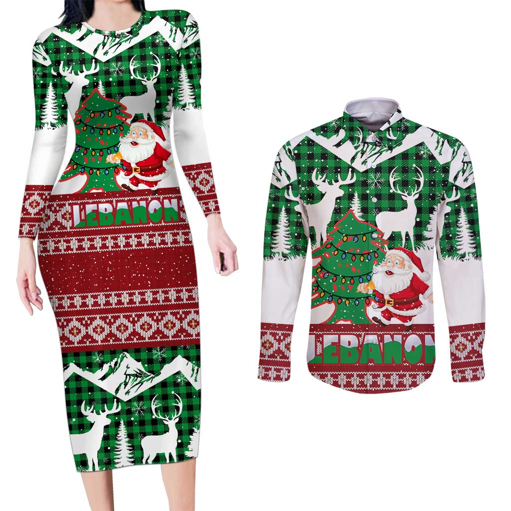 Lebanon Christmas Couples Matching Long Sleeve Bodycon Dress and Long Sleeve Button Shirt with Santa Claus Reindeer Trees and Festive Knit Pattern - Wonder Print Shop