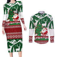 Lebanon Christmas Couples Matching Long Sleeve Bodycon Dress and Long Sleeve Button Shirt with Santa Claus Reindeer Trees and Festive Knit Pattern - Wonder Print Shop