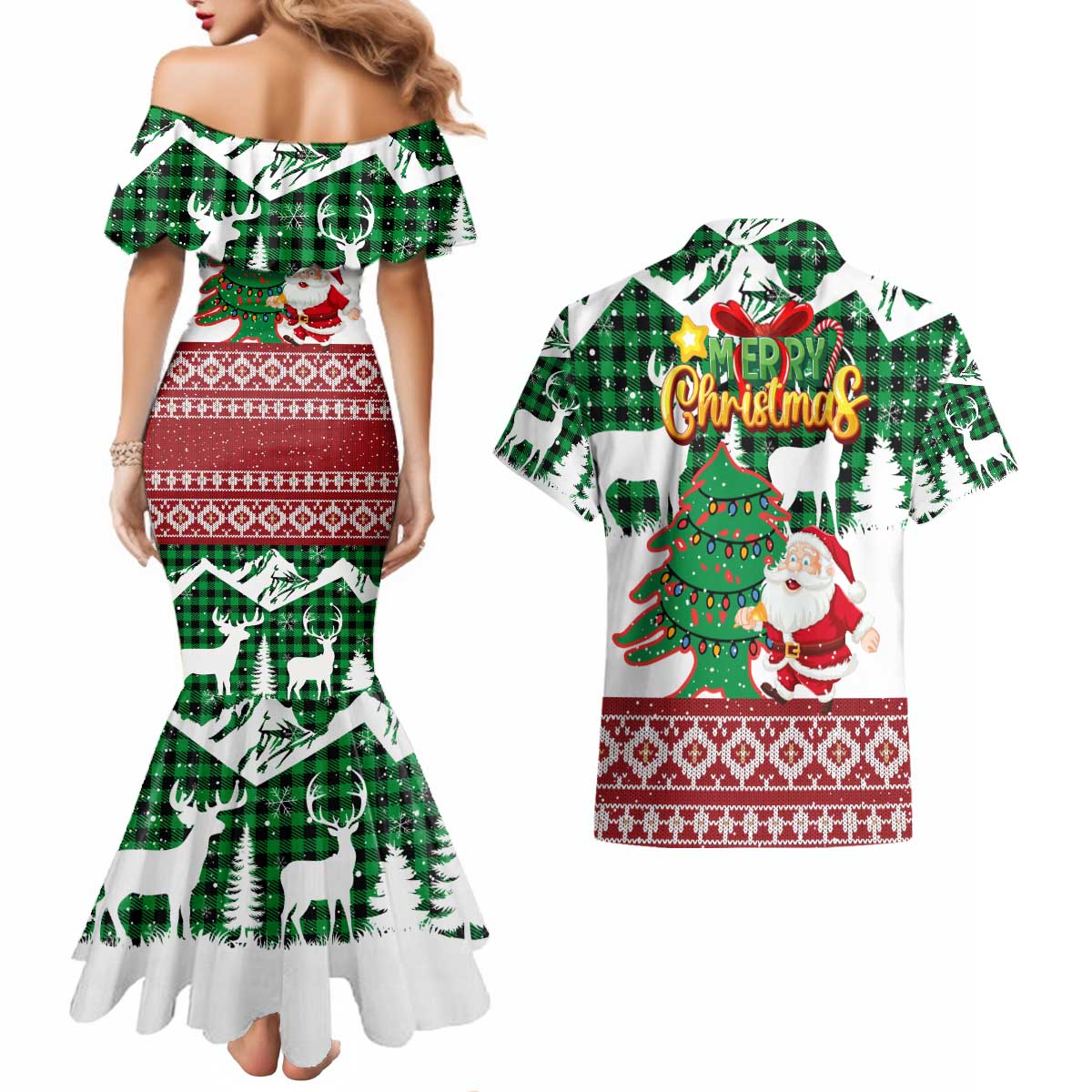 Lebanon Christmas Couples Matching Mermaid Dress and Hawaiian Shirt with Santa Claus Reindeer Trees and Festive Knit Pattern - Wonder Print Shop
