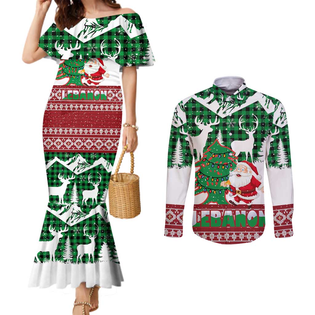 Lebanon Christmas Couples Matching Mermaid Dress and Long Sleeve Button Shirt with Santa Claus Reindeer Trees and Festive Knit Pattern - Wonder Print Shop