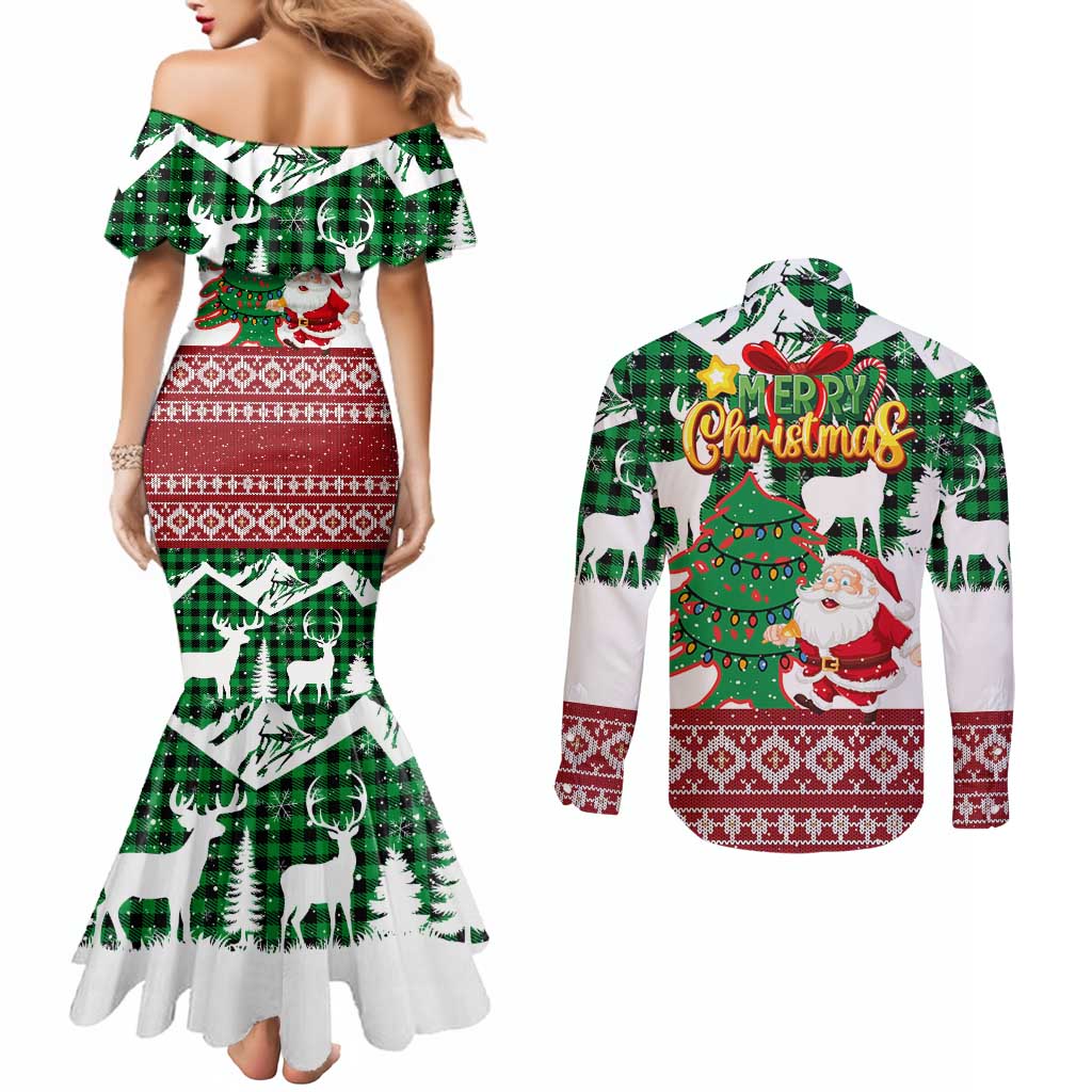Lebanon Christmas Couples Matching Mermaid Dress and Long Sleeve Button Shirt with Santa Claus Reindeer Trees and Festive Knit Pattern - Wonder Print Shop