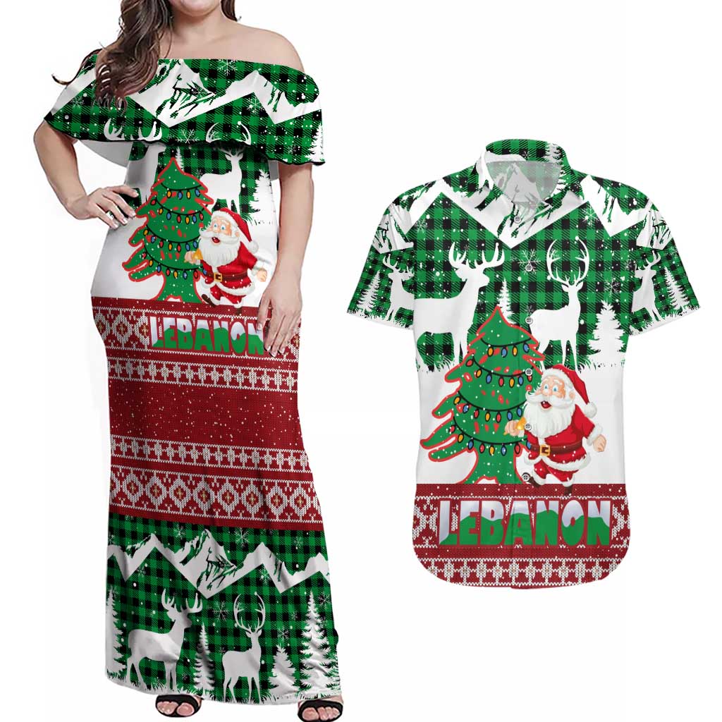 Lebanon Christmas Couples Matching Off Shoulder Maxi Dress and Hawaiian Shirt with Santa Claus Reindeer Trees and Festive Knit Pattern - Wonder Print Shop