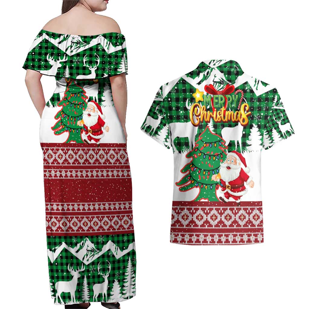 Lebanon Christmas Couples Matching Off Shoulder Maxi Dress and Hawaiian Shirt with Santa Claus Reindeer Trees and Festive Knit Pattern - Wonder Print Shop