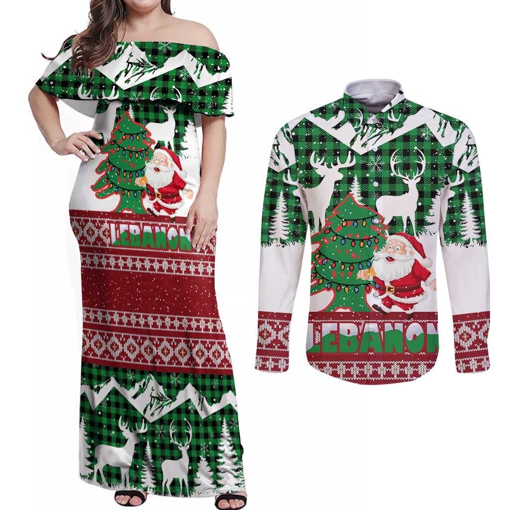 Lebanon Christmas Couples Matching Off Shoulder Maxi Dress and Long Sleeve Button Shirt with Santa Claus Reindeer Trees and Festive Knit Pattern - Wonder Print Shop