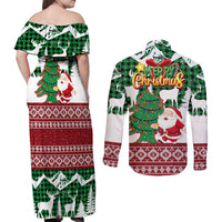 Lebanon Christmas Couples Matching Off Shoulder Maxi Dress and Long Sleeve Button Shirt with Santa Claus Reindeer Trees and Festive Knit Pattern - Wonder Print Shop