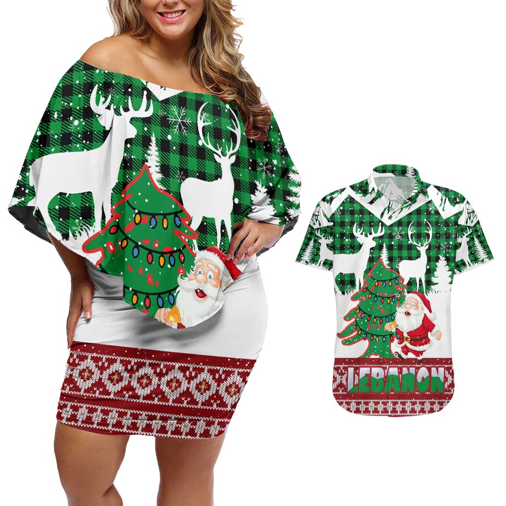 Lebanon Christmas Couples Matching Off Shoulder Short Dress and Hawaiian Shirt with Santa Claus Reindeer Trees and Festive Knit Pattern - Wonder Print Shop