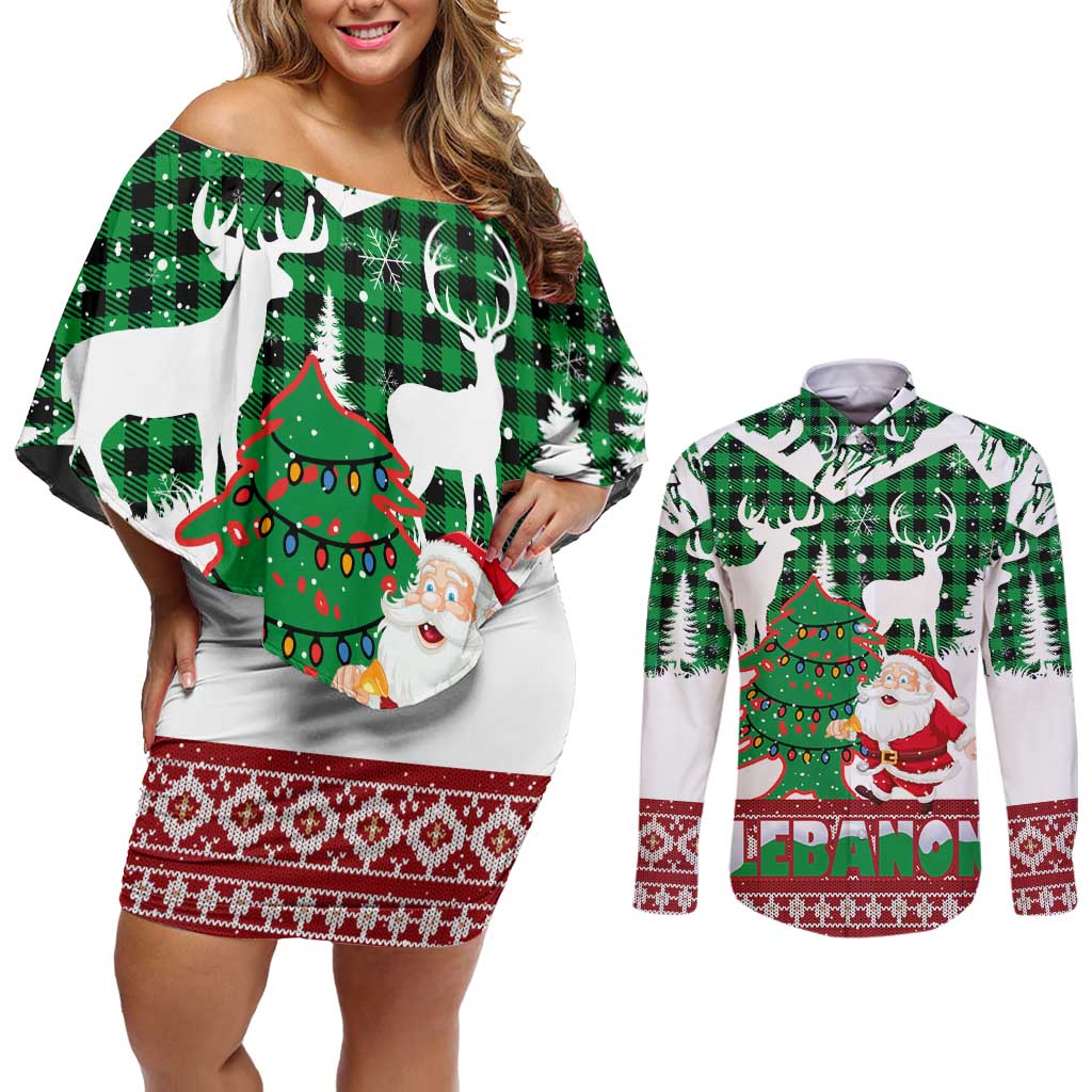 Lebanon Christmas Couples Matching Off Shoulder Short Dress and Long Sleeve Button Shirt with Santa Claus Reindeer Trees and Festive Knit Pattern - Wonder Print Shop