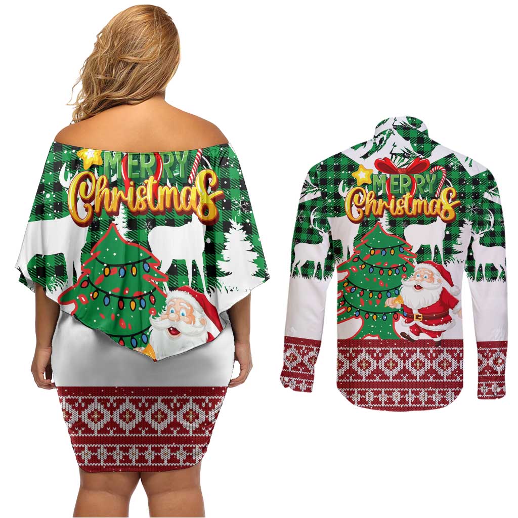 Lebanon Christmas Couples Matching Off Shoulder Short Dress and Long Sleeve Button Shirt with Santa Claus Reindeer Trees and Festive Knit Pattern - Wonder Print Shop