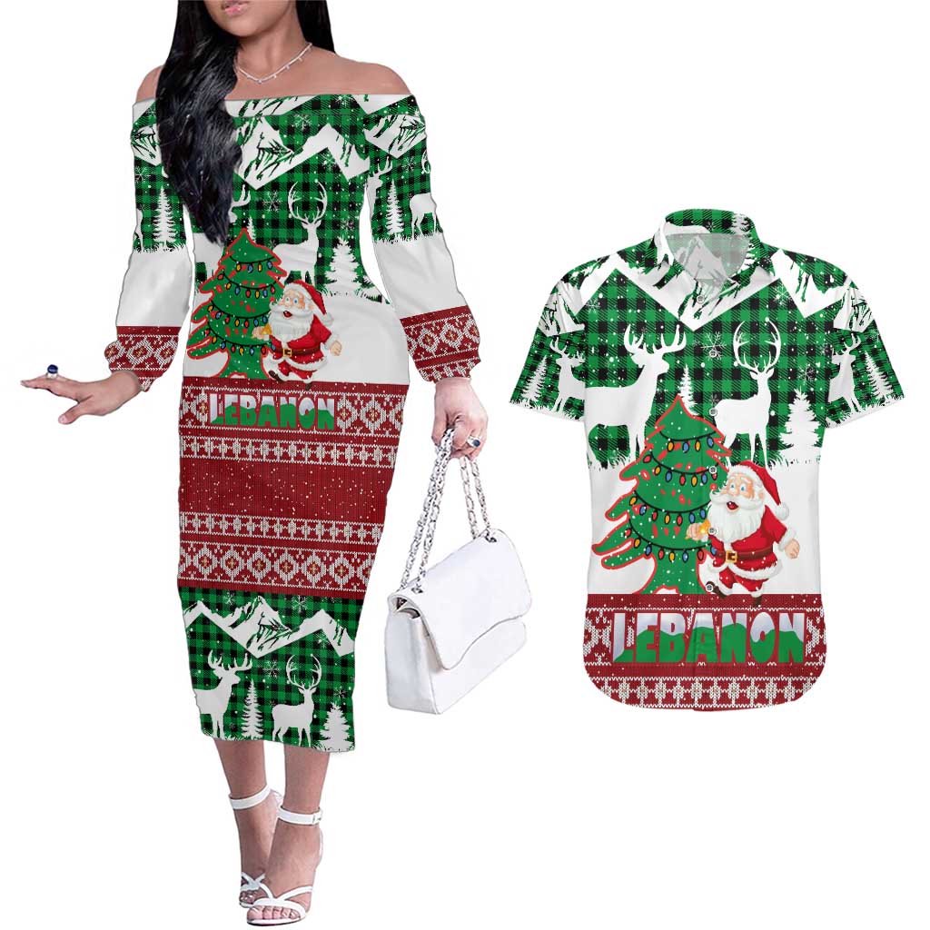 Lebanon Christmas Couples Matching Off The Shoulder Long Sleeve Dress and Hawaiian Shirt with Santa Claus Reindeer Trees and Festive Knit Pattern - Wonder Print Shop