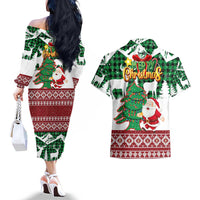 Lebanon Christmas Couples Matching Off The Shoulder Long Sleeve Dress and Hawaiian Shirt with Santa Claus Reindeer Trees and Festive Knit Pattern - Wonder Print Shop