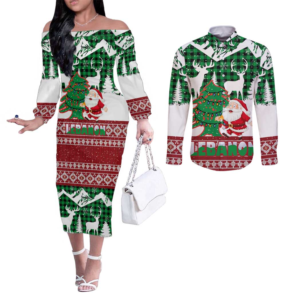 Lebanon Christmas Couples Matching Off The Shoulder Long Sleeve Dress and Long Sleeve Button Shirt with Santa Claus Reindeer Trees and Festive Knit Pattern - Wonder Print Shop