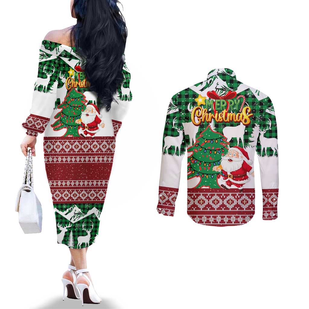 Lebanon Christmas Couples Matching Off The Shoulder Long Sleeve Dress and Long Sleeve Button Shirt with Santa Claus Reindeer Trees and Festive Knit Pattern - Wonder Print Shop