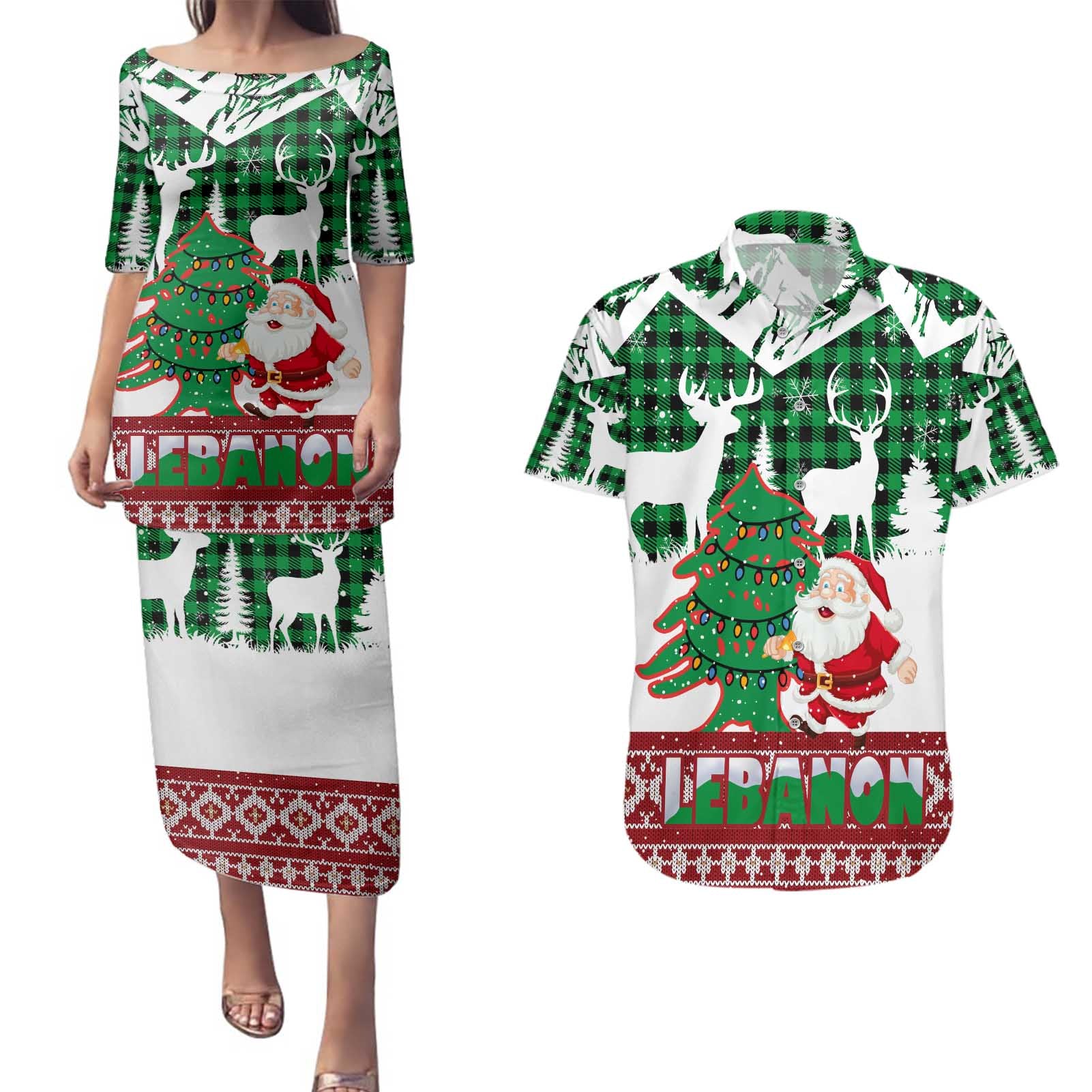 Lebanon Christmas Couples Matching Puletasi and Hawaiian Shirt with Santa Claus Reindeer Trees and Festive Knit Pattern - Wonder Print Shop