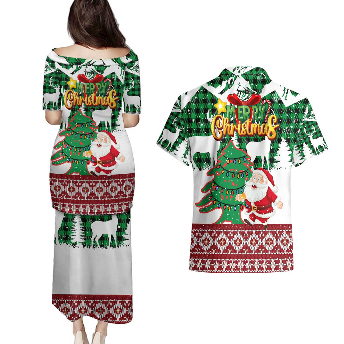 Lebanon Christmas Couples Matching Puletasi and Hawaiian Shirt with Santa Claus Reindeer Trees and Festive Knit Pattern - Wonder Print Shop
