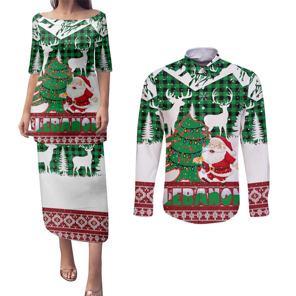 Lebanon Christmas Couples Matching Puletasi and Long Sleeve Button Shirt with Santa Claus Reindeer Trees and Festive Knit Pattern - Wonder Print Shop