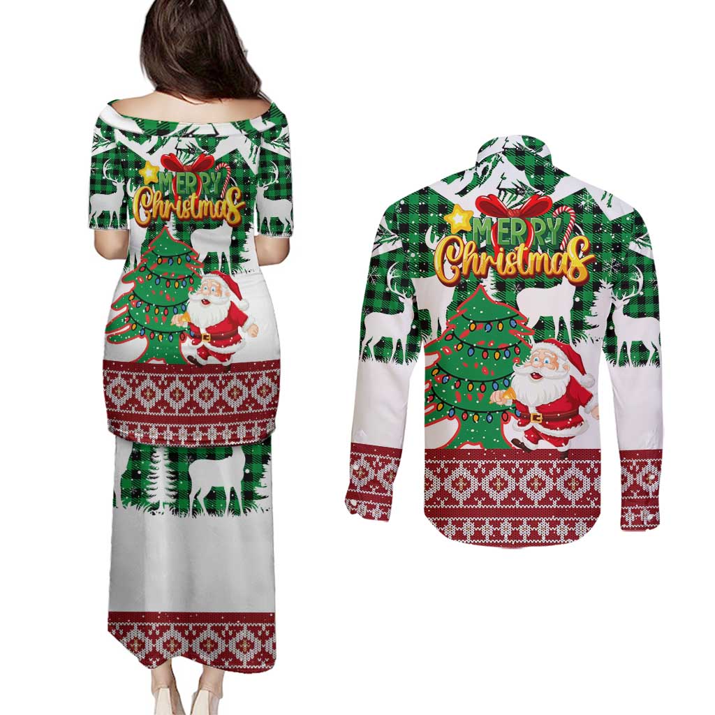 Lebanon Christmas Couples Matching Puletasi and Long Sleeve Button Shirt with Santa Claus Reindeer Trees and Festive Knit Pattern - Wonder Print Shop