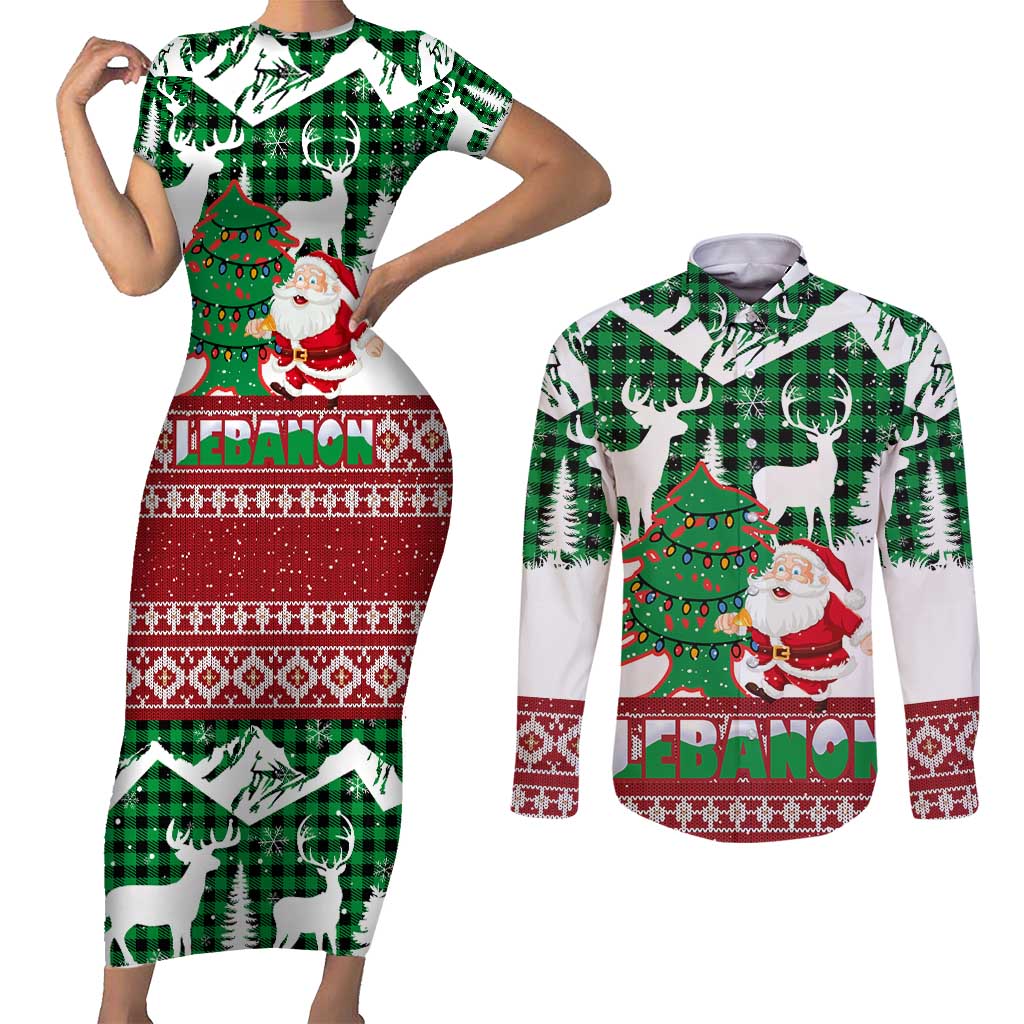 Lebanon Christmas Couples Matching Short Sleeve Bodycon Dress and Long Sleeve Button Shirt with Santa Claus Reindeer Trees and Festive Knit Pattern - Wonder Print Shop