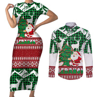 Lebanon Christmas Couples Matching Short Sleeve Bodycon Dress and Long Sleeve Button Shirt with Santa Claus Reindeer Trees and Festive Knit Pattern - Wonder Print Shop